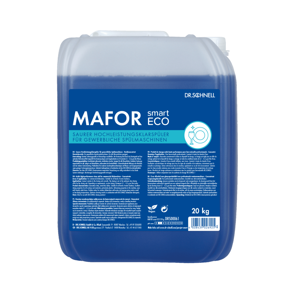 Un bidon de 20 kg Dr. Schnell MAFOR smart ECO de la société DR.SCHNELL GmbH & Co. KGaA, un produit de rinçage bleu respectueux de l'environnement destiné aux lave-vaisselle professionnels, comporte sur son étiquette bleue des informations sur le produit et des consignes en allemand.