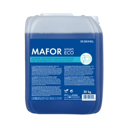 Un bidon de 20 kg Dr. Schnell MAFOR smart ECO de la société DR.SCHNELL GmbH & Co. KGaA, un produit de rinçage bleu respectueux de l'environnement destiné aux lave-vaisselle professionnels, comporte sur son étiquette bleue des informations sur le produit et des consignes en allemand.