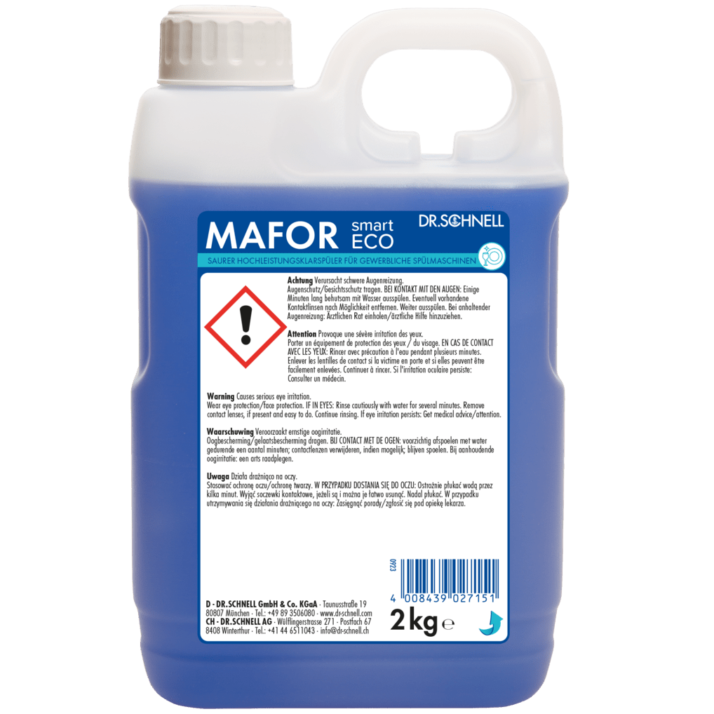 Un récipient en plastique de 2 kg Dr. Schnell MAFOR smart ECO de la société DR.SCHNELL GmbH & Co. KGaA, contenant un liquide bleu, muni d'une poignée, d'un autocollant d'avertissement et d'un symbole de danger sur la face avant.