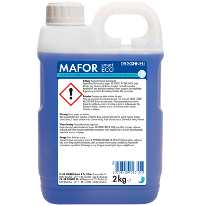 Un récipient en plastique de 2 kg Dr. Schnell MAFOR smart ECO de la société DR.SCHNELL GmbH & Co. KGaA, contenant un liquide bleu, muni d'une poignée, d'un autocollant d'avertissement et d'un symbole de danger sur la face avant.