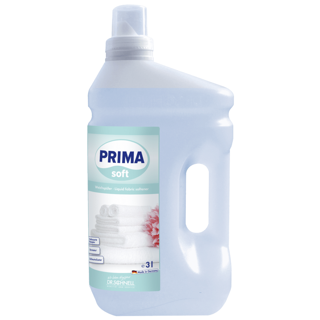 Dr. Schnell PRIMA SOFT de DR.SCHNELL GmbH & Co. KGaA est un adoucissant liquide de 3 litres dans une bouteille en plastique transparent avec un bouchon blanc, une poignée intégrée et une étiquette avec des serviettes pliées et une fleur rose - idéal pour une utilisation professionnelle.