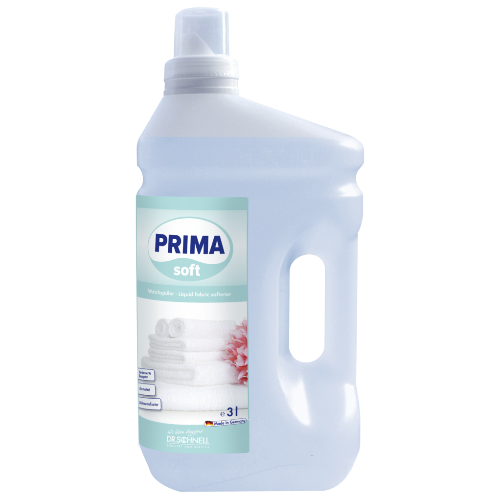 Dr. Schnell PRIMA SOFT von DR.SCHNELL GmbH & Co. KGaA ist ein flüssiger 3-Liter-Weichspüler in einer klaren Kunststoffflasche mit weißem Verschluss, integriertem Griff und einem Etikett mit gefalteten Handtüchern und einer rosa Blume - ideal für den professionellen Einsatz.