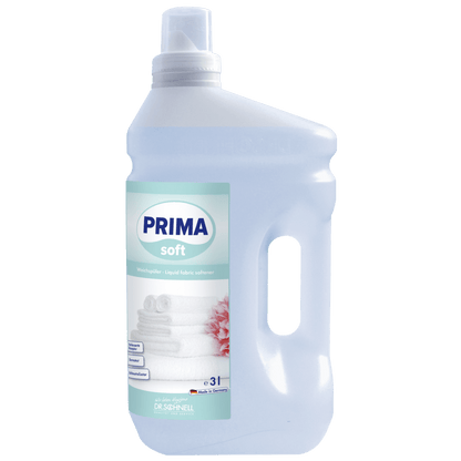 Dr. Schnell PRIMA SOFT de DR.SCHNELL GmbH & Co. KGaA est un adoucissant liquide de 3 litres dans une bouteille en plastique transparent avec un bouchon blanc, une poignée intégrée et une étiquette avec des serviettes pliées et une fleur rose - idéal pour une utilisation professionnelle.