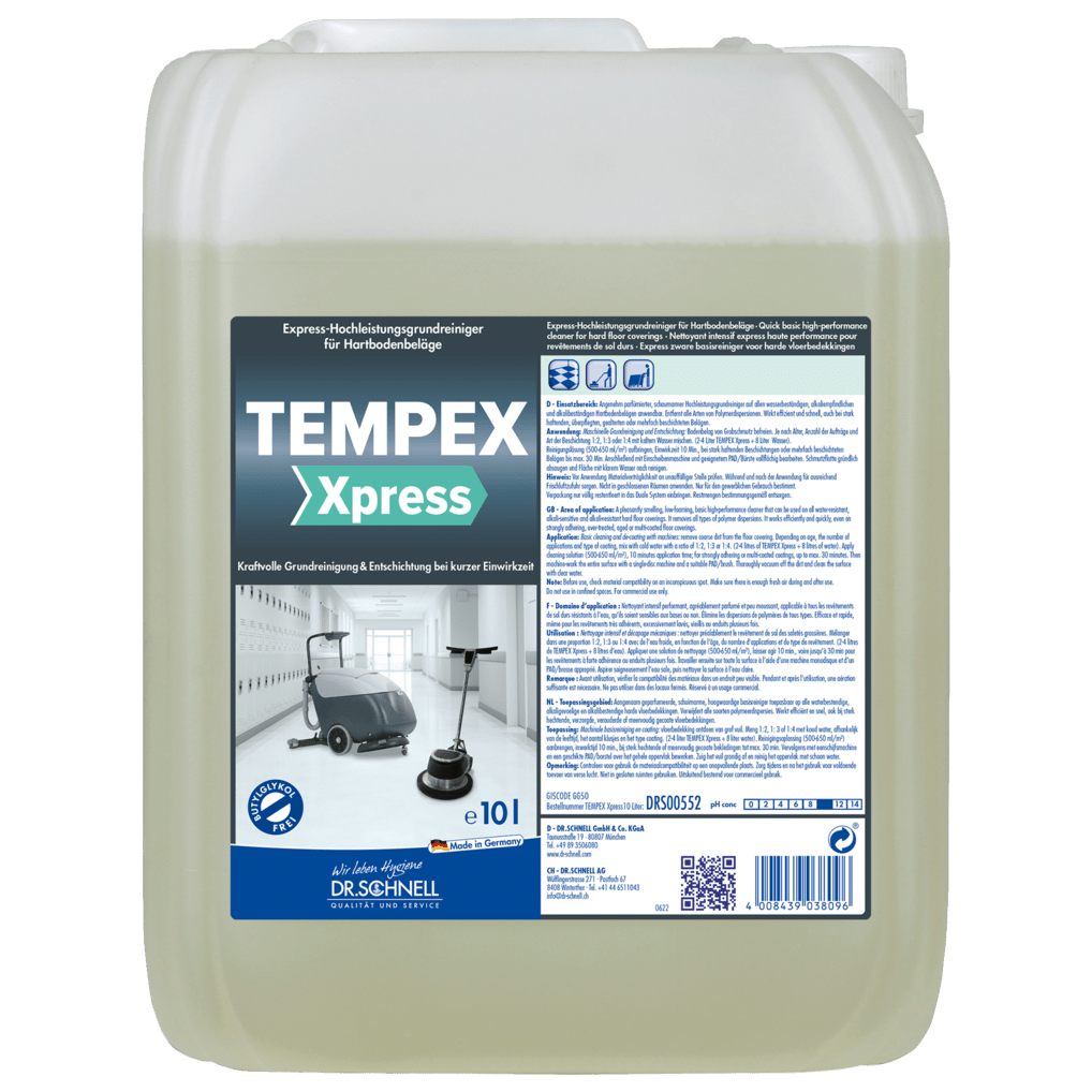 Un bidon en plastique de 10 litres du Dr. Schnell TEMPEX XPRESS nettoyant express haute performance pour sols durs de DR.SCHNELL GmbH & Co. KGaA, étiqueté avec des instructions, des symboles de sécurité et des illustrations de machines de nettoyage - idéal pour un usage professionnel.