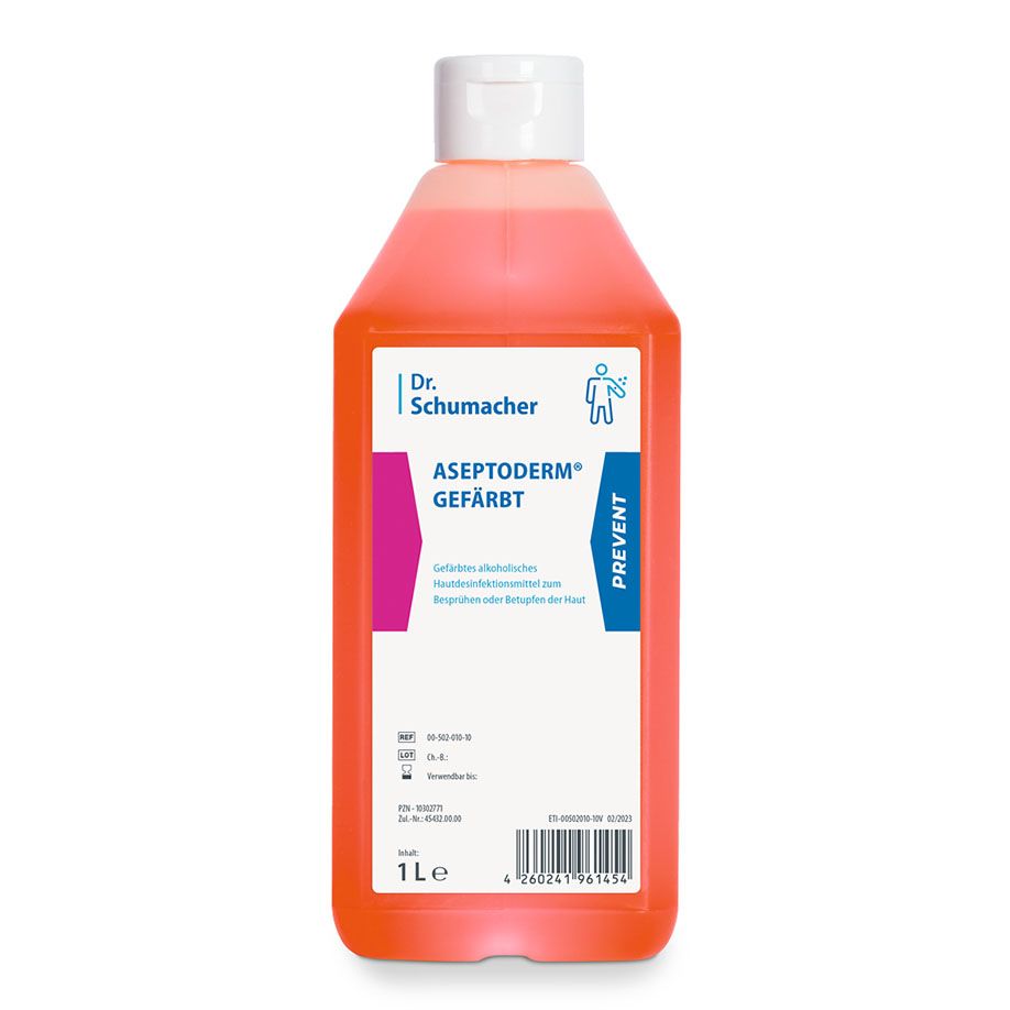 Une bouteille d'un litre de Dr. Schumacher ASEPTODERM COLORÉ de la Dr. Schumacher GmbH avec un liquide rose, un bouchon blanc et une étiquette bleu-rose se tient debout devant un fond blanc simple.