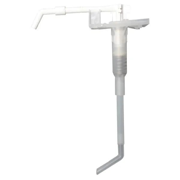 La pompe en plastique Dr. Schumacher de Dr. Schumacher GmbH est une pompe distributrice blanche et robuste avec un long tuyau coudé et un bec horizontal - idéale pour la distribution de liquides à partir de grands conteneurs.