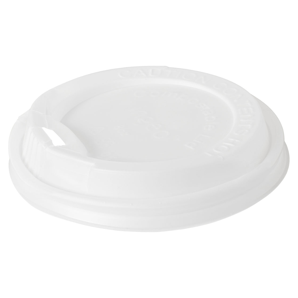 Un couvercle de gobelet à café jetable blanc en CPLA avec ouverture pour boire et avertissement en relief, idéal pour les boissons chaudes, est disponible chez Duni GmbH sous la désignation « Couvercle pour 170701/170634/182847 24 cl Blanc » en paquet de 40.
