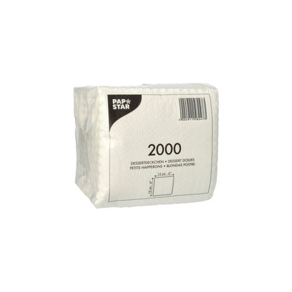 Un paquet scellé de PAPSTAR napperons à dessert 15x15 cm, blanc (2000 pièces) de PAPSTAR GmbH, idéal comme sous-nappe blanche pour les desserts dans la gastronomie; serviettes rectangulaires empilées dans un plastique transparent avec texte multilingue et un code-barres.