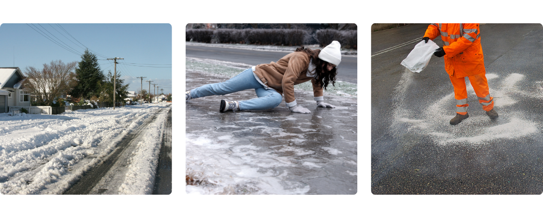 Drei Bilder: eine schneebedeckte Wohnstraße, eine Person in Winterkleidung, die auf dem Eis ausrutscht, und ein Arbeiter in orangefarbenem Overall, der Salz auf eine vereiste Straße streut.