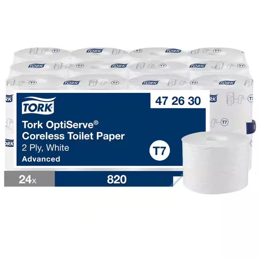Papier toilette sans noyau Tork OptiServe, 2 épaisseurs, blanc, système T7, 24 rouleaux de 820 feuilles