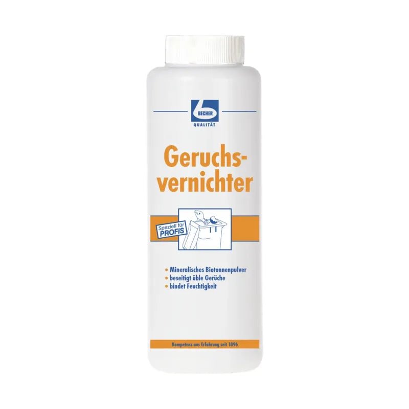 Un récipient blanc avec l'inscription allemande « Dr. Becher Éliminateur d'odeurs » de la société Dr. Becher GmbH, avec du texte et des symboles indiquant son utilisation comme poudre d'élimination des odeurs à base de minéraux, qui absorbe également l'humidité.