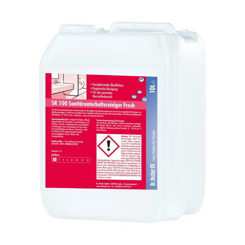 Un bidon en plastique blanc avec l'inscription allemande « Dr. Becher SR 100 nettoyant sanitaire d'entretien Fresh » en rouge et bleu. Il contient des symboles d'avertissement et un code-barres.