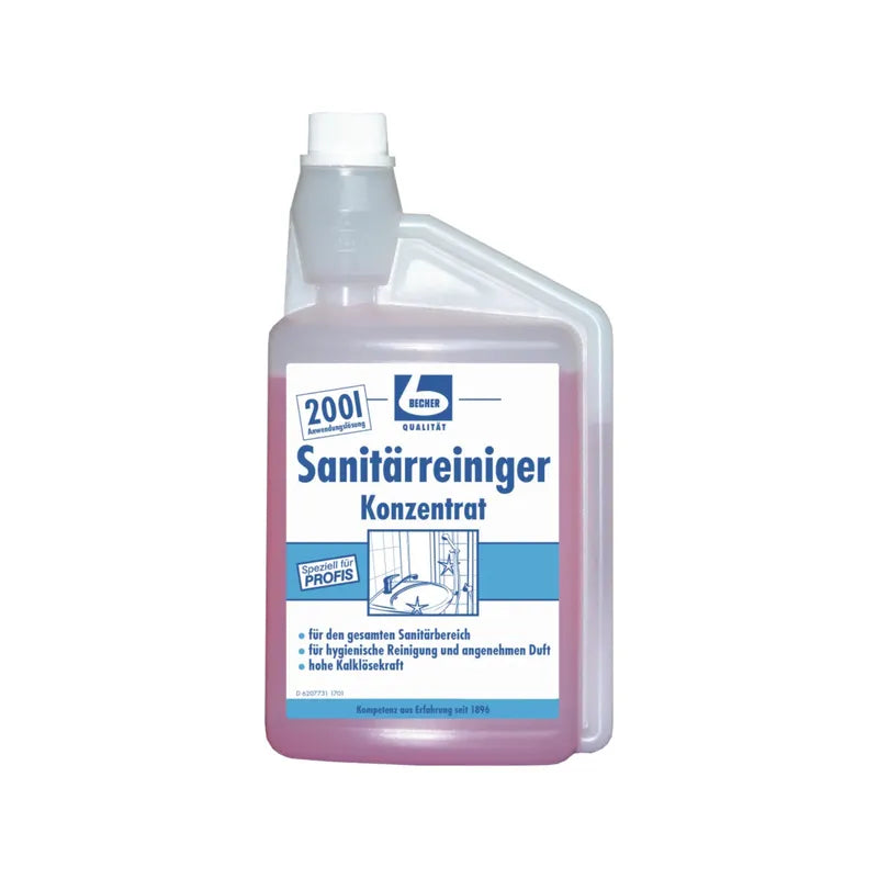 Bouteille en plastique Dr. Becher Concentré de nettoyant sanitaire - 1 litre | Bouteille (1000 ml), un nettoyant pour salle de bain concentré pour le nettoyage d'entretien quotidien. L'étiquette est en allemand et porte le nom de la Dr. Becher GmbH.