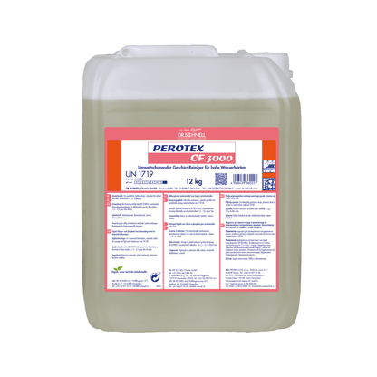 Un conteneur en plastique transparent de 12 kg avec poignée, rempli de Dr. Schnell Perotex CF 3000 détergent pour lave-vaisselle de DR.SCHNELL GmbH & Co. KGaA. L'étiquette blanc-rouge montre des informations sur le produit et des instructions d'utilisation pour l'eau dure en bleu.