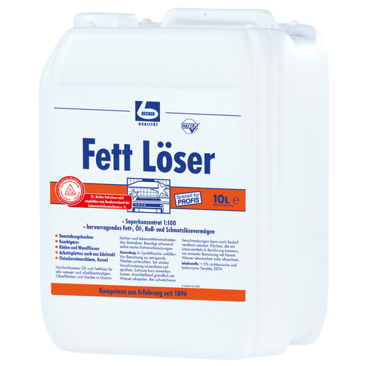 Bidon en plastique blanc portant l'inscription «Dr. Becher « Dégraissant », informations sur le produit et logos en bleu et rouge. Capacité indiquée : 10 litres. Consignes de sécurité et d'utilisation.