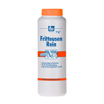 Une bouteille en plastique blanche avec un bouchon orange portant l'inscription « Dr. Becher Fritteusen Rei, Poudre » de Dr. Becher GmbH avec un graphisme bleu-orange en tant que nettoyant intensif professionnel en poudre pour friteuses pour éliminer les graisses incrustées.
