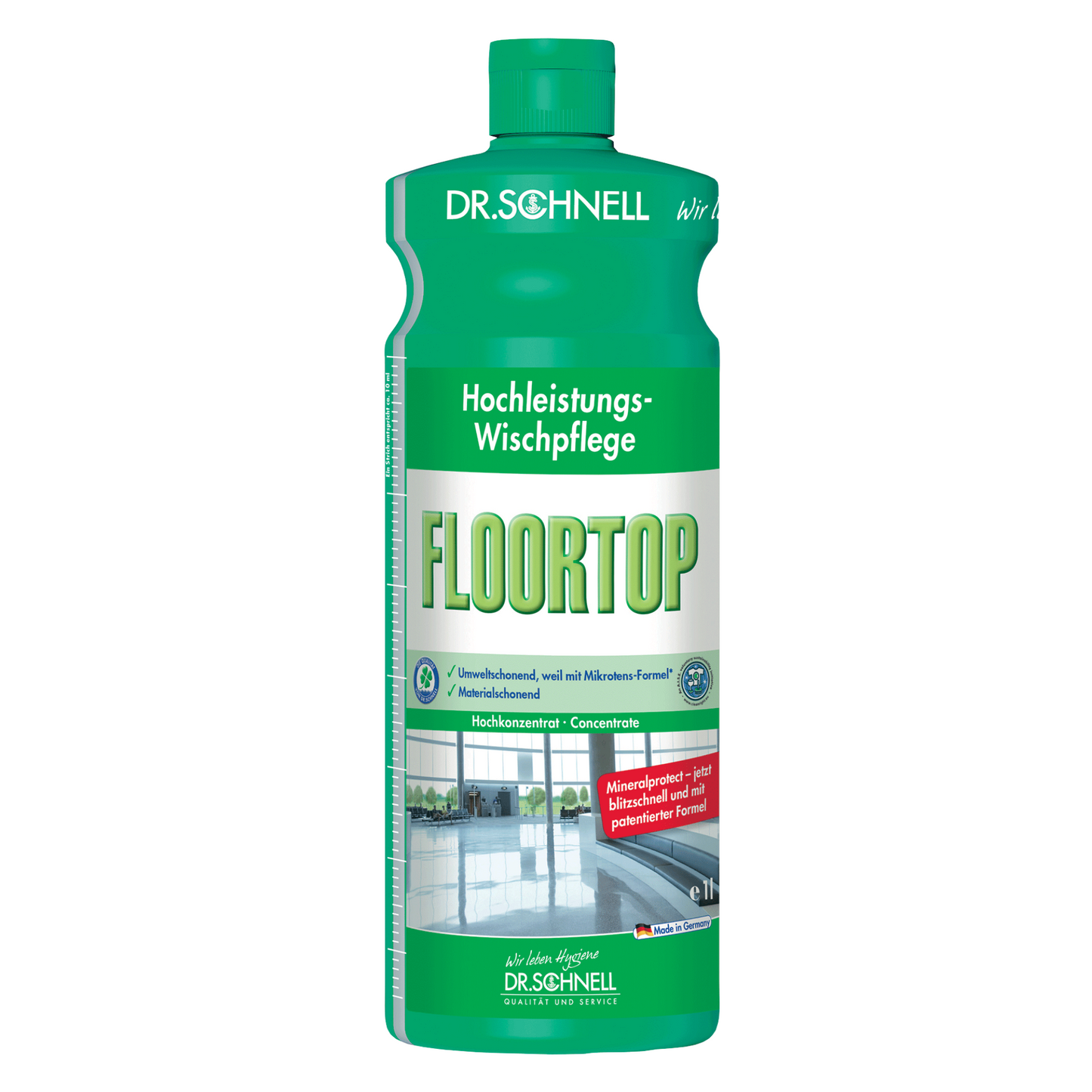 Sur un fond blanc se tient une bouteille verte de Dr. Schnell's Floortop, concentré de nettoyant pour sols, fabriqué par DR.SCHNELL GmbH & Co. KGaA. L'étiquette souligne sa grande efficacité en tant que nettoyant pour sols respectueux de l'environnement avec un parfum de menthe, idéal pour les revêtements de sol résistants à l'eau.