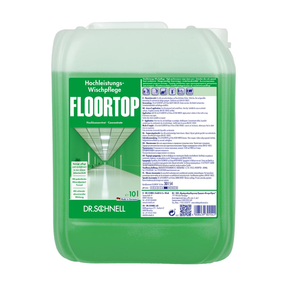 Un conteneur vert de 10 litres avec Dr. Schnell Floortop, concentré de nettoyant pour sols de DR.SCHNELL GmbH & Co. KGaA, est muni d'une étiquette avec une image de couloir stylisée, des instructions produit et du texte en allemand. Le liquide à l'intérieur est idéal pour nettoyer les revêtements de sol résistants à l'eau et présente une teinte verte attrayante.