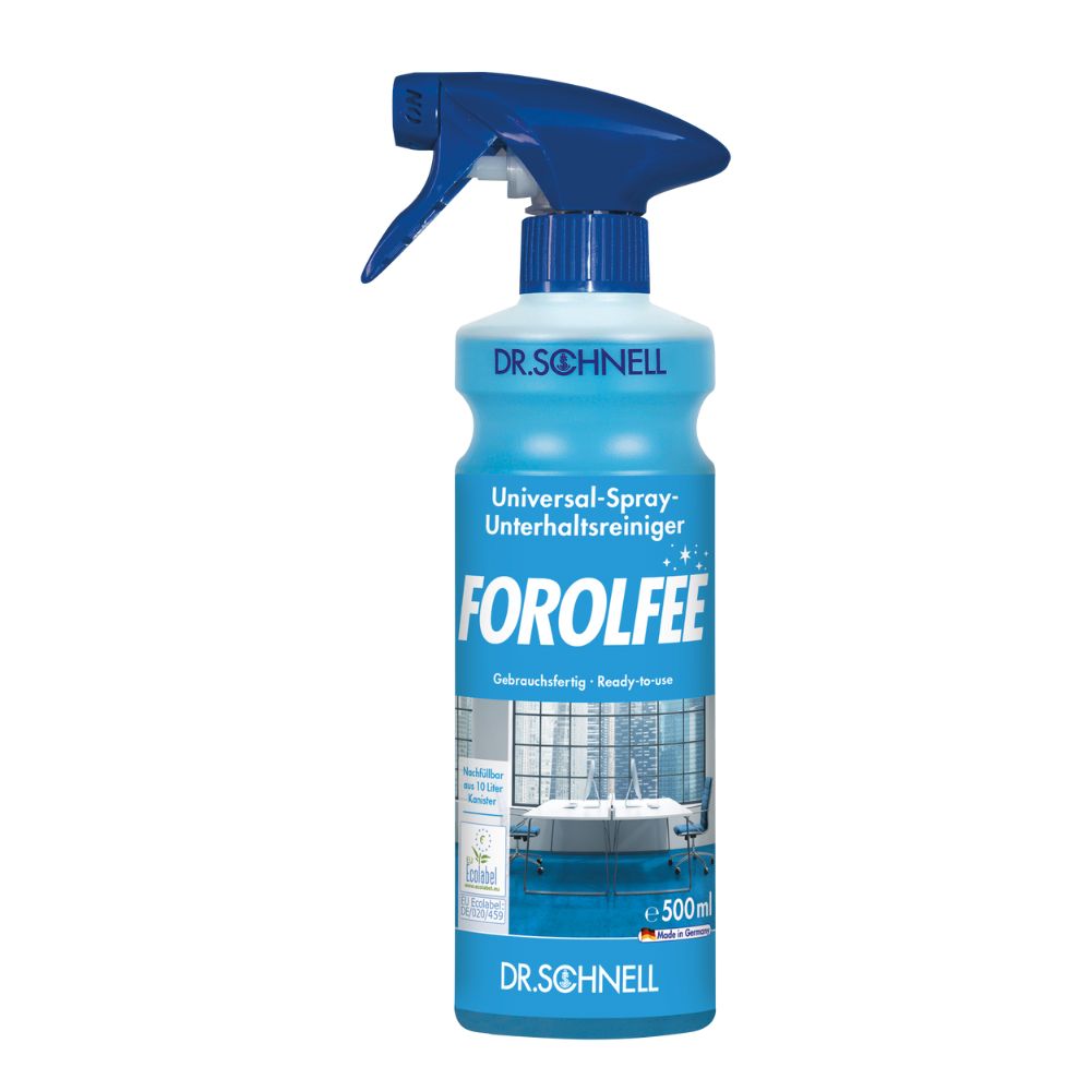 Une bouteille vaporisateur bleu-blanc avec l'inscription "Dr. Schnell ForolFee Nettoyant Universel, prêt à l'emploi pour surfaces" de DR.SCHNELL GmbH & Co. KGaA contient 500 ml et montre sur son étiquette une image de salle de bain propre.