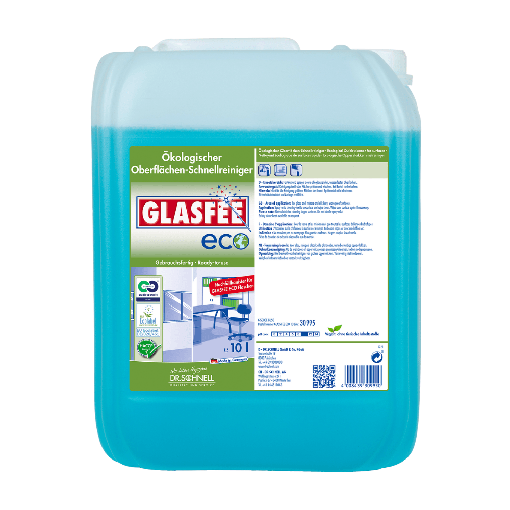 Un récipient en plastique transparent avec un liquide bleu à l'intérieur porte l'inscription « Dr. Schnell GlasFee Eco » en lettres vertes et rouges. L'étiquette à l'avant souligne sa fonction de nettoyant rapide écologique pour surfaces et présente des symboles respectueux de l'environnement. Le récipient est parfait pour un nettoyage sans résidus et dispose d'une poignée pratique sur le dessus.