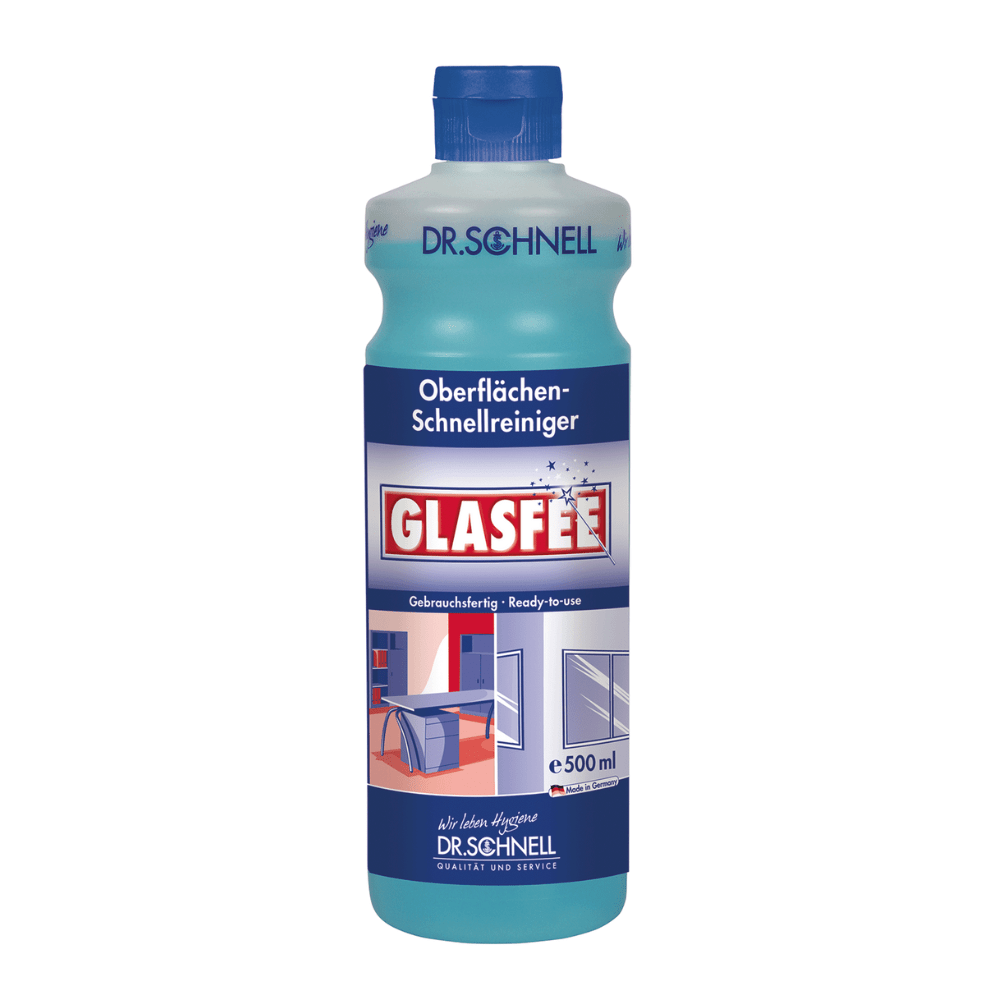 Illustrée est une bouteille de 500 ml de Dr. Schnell nettoyant pour vitres GlasFee de DR.SCHNELL GmbH & Co. KGaA. L'emballage bleu est doté d'une étiquette contenant des instructions de nettoyage de surface en allemand et en anglais, ornée d'illustrations des surfaces à nettoyer et complétée par un bouchon bleu clair qui complète le design global.