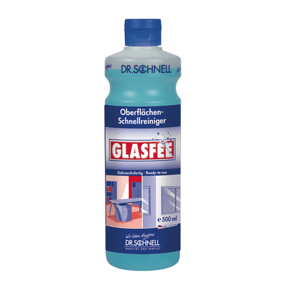 Illustrée est une bouteille de 500 ml de Dr. Schnell nettoyant pour vitres GlasFee de DR.SCHNELL GmbH & Co. KGaA. L'emballage bleu est doté d'une étiquette contenant des instructions de nettoyage de surface en allemand et en anglais, ornée d'illustrations des surfaces à nettoyer et complétée par un bouchon bleu clair qui complète le design global.