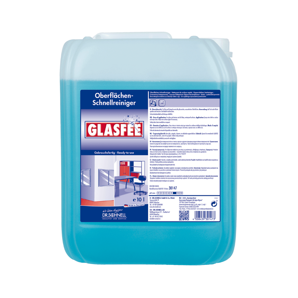 Un conteneur bleu de 10 litres avec Dr. Schnell nettoyant pour vitres GlasFee de DR.SCHNELL GmbH & Co. KGaA, idéal pour le nettoyage des surfaces. L'étiquette sur le devant contient des instructions et des détails sur le produit et montre une image de surfaces impeccables comme un bureau et des parois vitrées.
