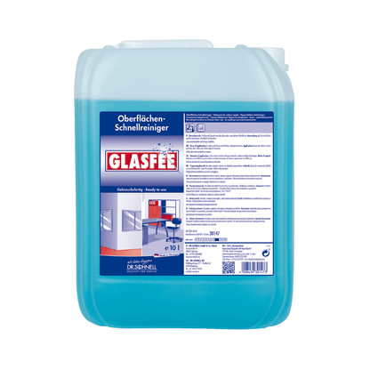 Un conteneur bleu de 10 litres avec Dr. Schnell nettoyant pour vitres GlasFee de DR.SCHNELL GmbH & Co. KGaA, idéal pour le nettoyage des surfaces. L'étiquette sur le devant contient des instructions et des détails sur le produit et montre une image de surfaces impeccables comme un bureau et des parois vitrées.