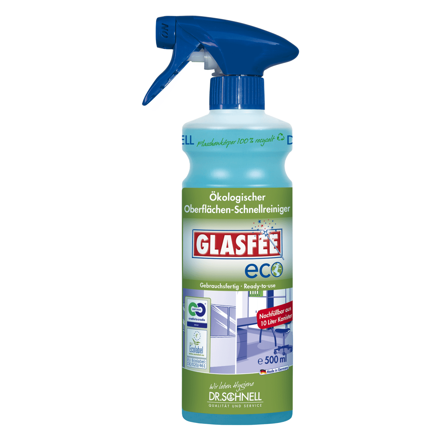 Un flacon pulvérisateur de 500 ml avec Dr. Schnell GlasFee Eco de DR.SCHNELL GmbH & Co. KGaA assure un nettoyage sans résidus. La bouteille verte avec un bouchon pulvérisateur bleu avec symbole de maison et texte allemand souligne sa fonction de nettoyant rapide écologique prêt à l'emploi pour les surfaces.