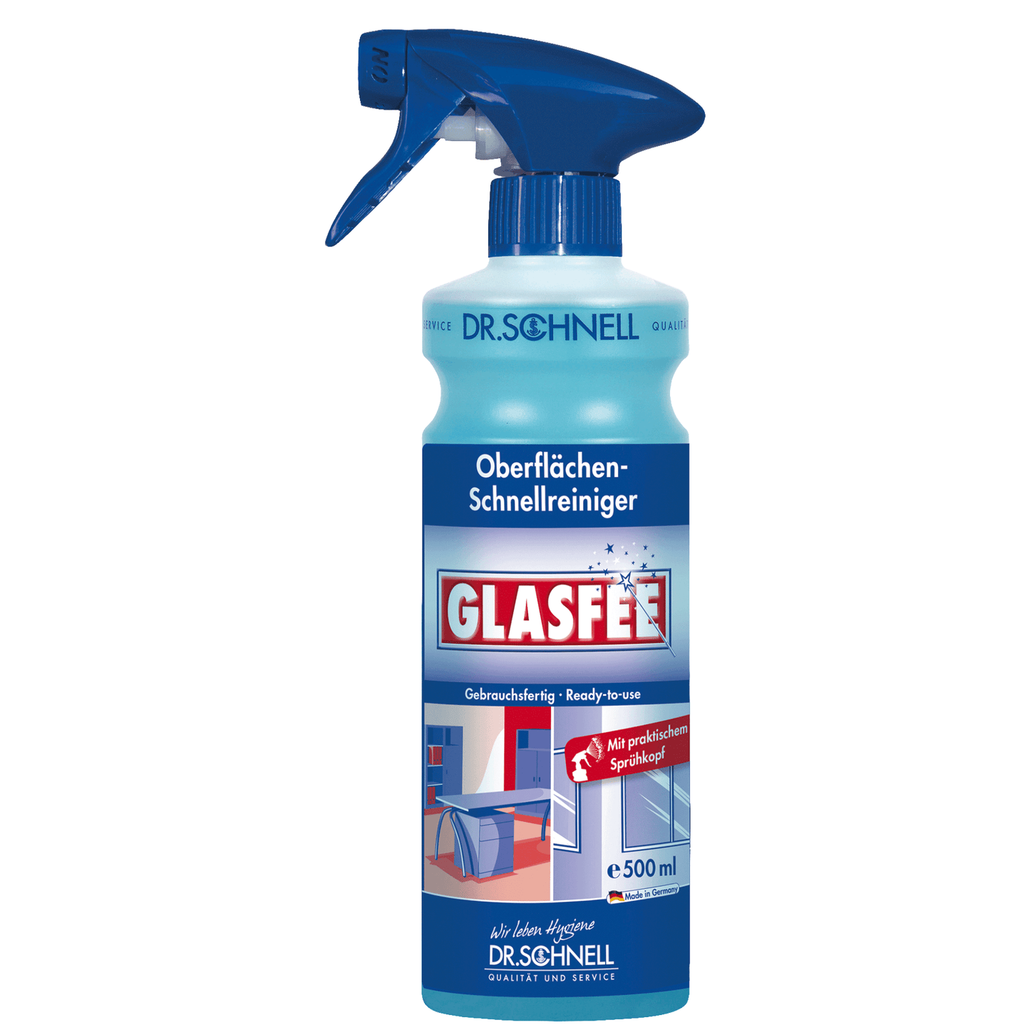 Le Dr. Schnell nettoyant pour vitres GlasFee de DR.SCHNELL GmbH & Co. KGaA est un flacon pulvérisateur bleu de 500 ml avec tête de pulvérisation, qui permet d'éliminer facilement les dépôts de saleté et de nettoyer efficacement le verre, ce qui en fait un nettoyant de surface idéal.