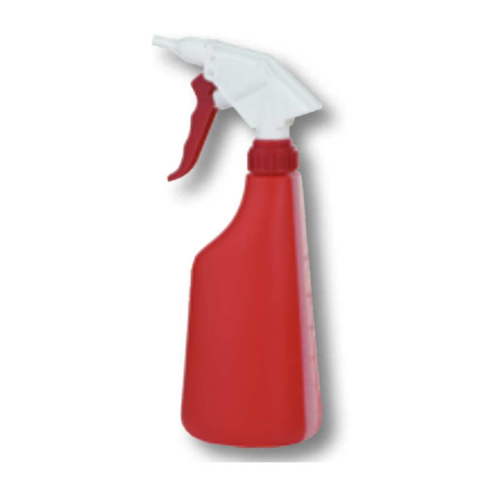Cette bouteille pulvérisatrice en plastique rouge, semblable à un Dr. Becher appareil de pulvérisation à main (vide), a une buse blanc-rouge pour une utilisation facile. Le design vertical avec une gâchette orientée vers le bas est idéal pour les travaux de nettoyage et montre l'efficacité des produits de Dr. Becher GmbH sur un fond blanc simple.