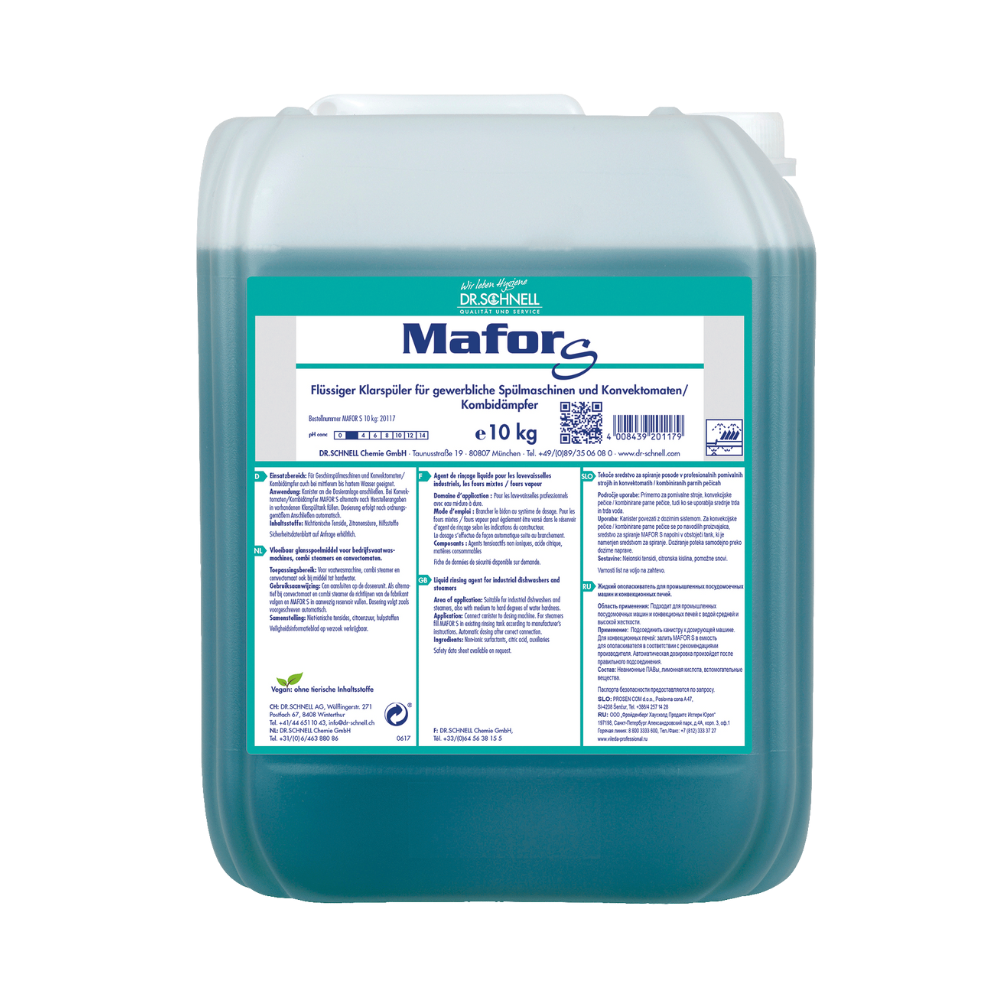 Un conteneur de 10 kg Dr. Schnell MAFOR S Rince-brillant acide pour lave-vaisselle professionnel de DR.SCHNELL GmbH & Co. KGaA contient une solution bleu-vert visible à travers l'emballage translucide. L'étiquette contient des informations sur le produit et des instructions d'utilisation en allemand et affiche fièrement le label écologique de l'UE, confirmant ses propriétés respectueuses de l'environnement.