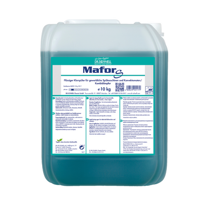 Un conteneur de 10 kg Dr. Schnell MAFOR S Rince-brillant acide pour lave-vaisselle professionnel de DR.SCHNELL GmbH & Co. KGaA contient une solution bleu-vert visible à travers l'emballage translucide. L'étiquette contient des informations sur le produit et des instructions d'utilisation en allemand et affiche fièrement le label écologique de l'UE, confirmant ses propriétés respectueuses de l'environnement.