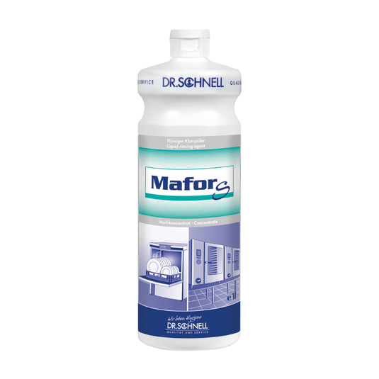Le Dr. Schnell Le produit de rinçage acide MAFOR S pour lave-vaisselle professionnels est proposé par la société DR.SCHNELL GmbH & Co. KGaA dans un flacon blanc orné, à sa base, d'une étiquette bleu-vert sur laquelle figure l'illustration d'un lave-vaisselle. Ce produit hautement concentré est certifié par le label écologique de l'UE.