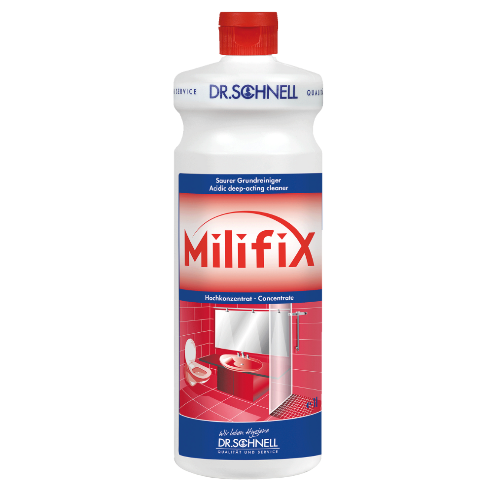 Dr. Schnell MILIFIX Nettoyant acide de base de DR.SCHNELL GmbH & Co. KGaA est le choix idéal pour le nettoyage industriel et de fin de chantier et dispose d'une étiquette rouge et blanche avec des images de toilettes et de lavabo. Il contient des descriptions multilingues qui soulignent son rôle en tant que concentré de nettoyage acide pour diverses surfaces.