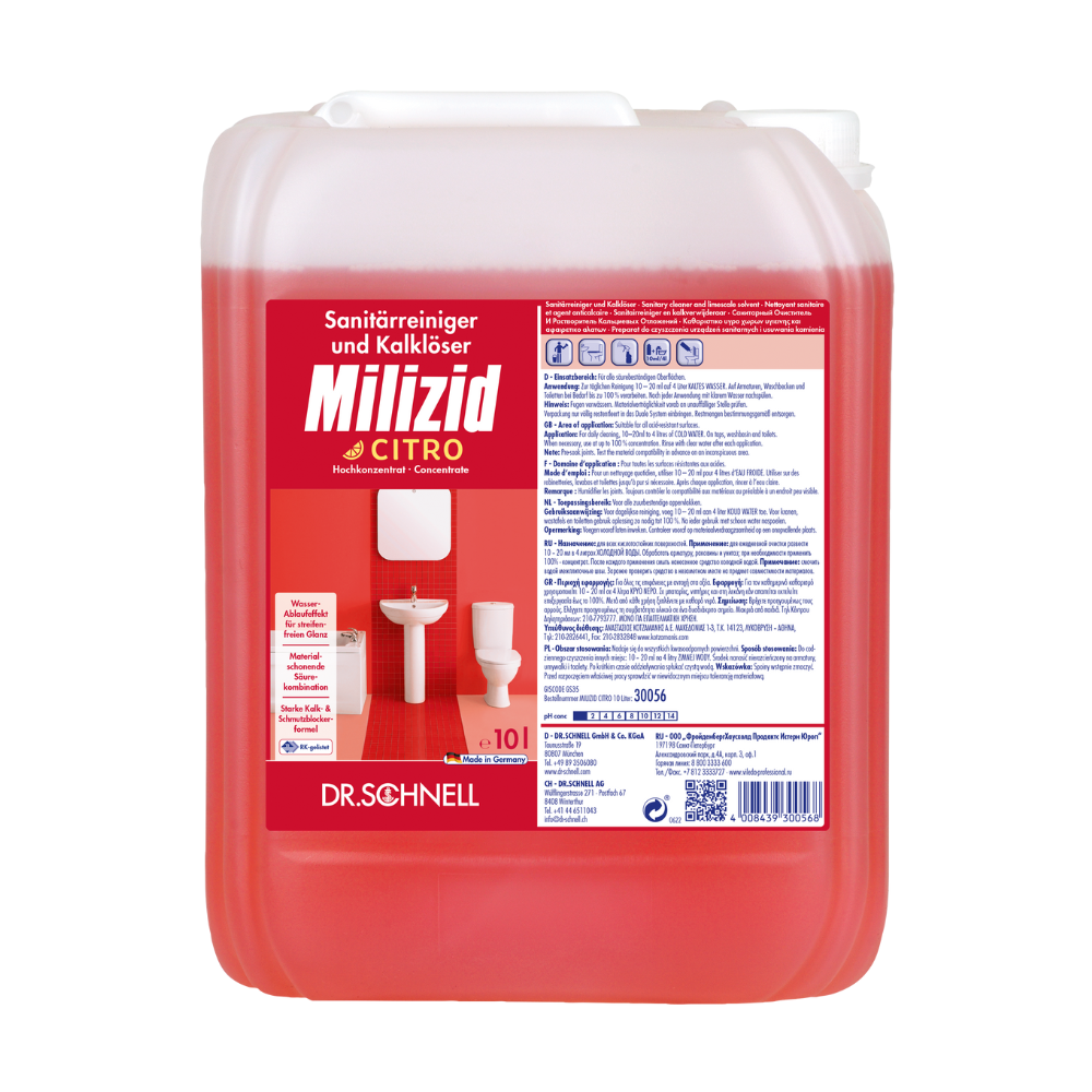 Un récipient rouge de Dr. Schnell Milizid Citro Nettoyant sanitaire et dissolvant de calcaire de DR.SCHNELL GmbH & Co. KGaA. L'étiquette montre des images d'une toilette et d'un urinoir ainsi que des instructions et des détails sur le produit qui soulignent les puissantes propriétés nettoyantes du produit.