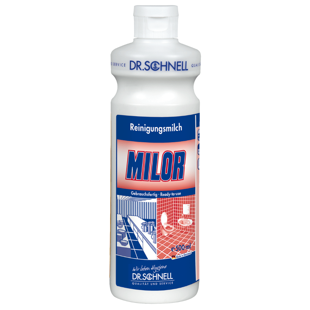 Flacon en plastique blanc de 500 ml Dr. Schnell Lait nettoyant Milor (sans acide) de DR.SCHNELL GmbH & Co. KGaA, avec une étiquette allemande bleu/rouge montrant des carreaux et un lavabo; idéal pour enlever les dépôts de calcaire sur les surfaces imperméables.