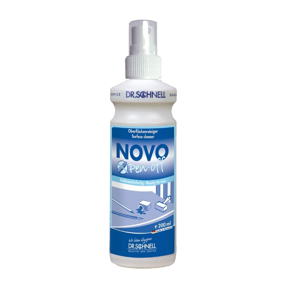 La bouteille pulvérisateur de 500 ml du Dr. Schnell NOVO PEN-OFF nettoyant spécial pour surfaces de bureaux de DR.SCHNELL GmbH & Co. KGaA avec une étiquette bleu-blanc et des instructions d'utilisation pour un enlèvement efficace des taches sur les surfaces de bureaux.
