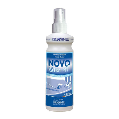 La bouteille pulvérisateur de 500 ml du Dr. Schnell NOVO PEN-OFF nettoyant spécial pour surfaces de bureaux de DR.SCHNELL GmbH & Co. KGaA avec une étiquette bleu-blanc et des instructions d'utilisation pour un enlèvement efficace des taches sur les surfaces de bureaux.