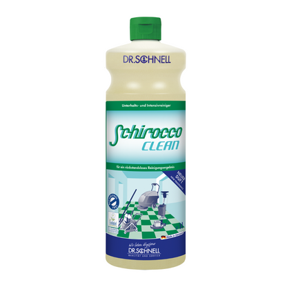 Une bouteille en plastique Dr. Schnell SCHIROCCO CLEAN nettoyant d'entretien, intensif et de base de DR.SCHNELL GmbH & Co. KGaA dispose d'une étiquette allemande vert-blanc avec des informations sur le produit et un graphique Clean-Floor, idéal pour le nettoyage intensif des sols durs.