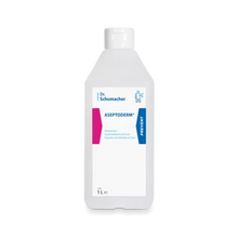 Abgebildet ist eine weiße 1-Liter-Kunststoffflasche Dr. Schumacher ASEPTODERM der Dr. Schumacher GmbH mit blauen und rosa Akzenten, geeignet für die hygienische Händedesinfektion mit einem zuverlässigen Desinfektionsmittel.
