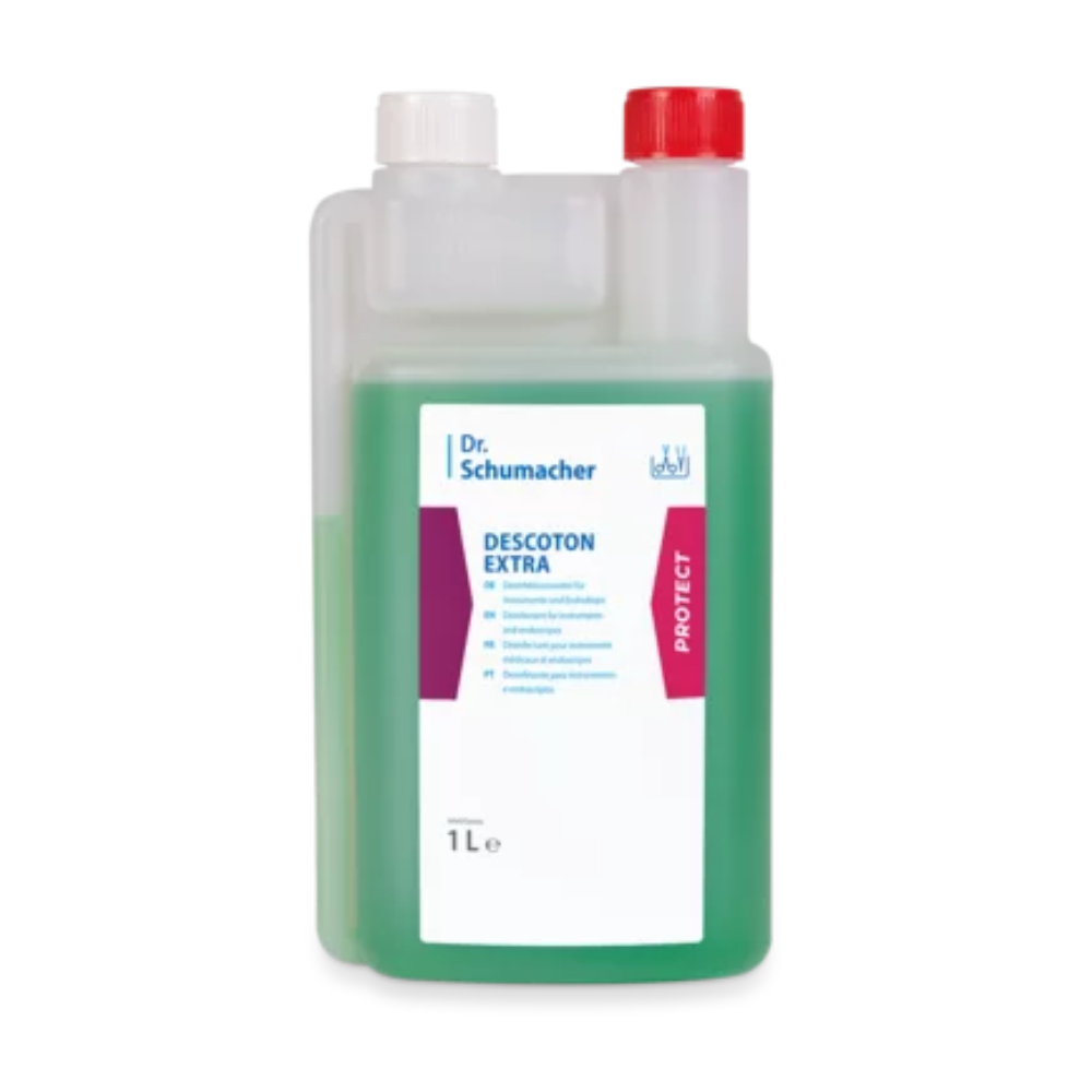 Une bouteille de 1 litre de désinfectant Dr. Schumacher DESCOTON EXTRA de Dr. Schumacher GmbH pour la désinfection des instruments. La bouteille est partiellement remplie d'un liquide vert et dispose de deux bouchons : un blanc à gauche pour verser et un rouge à droite. L'étiquette contient des informations détaillées sur le produit et des instructions d'utilisation.
