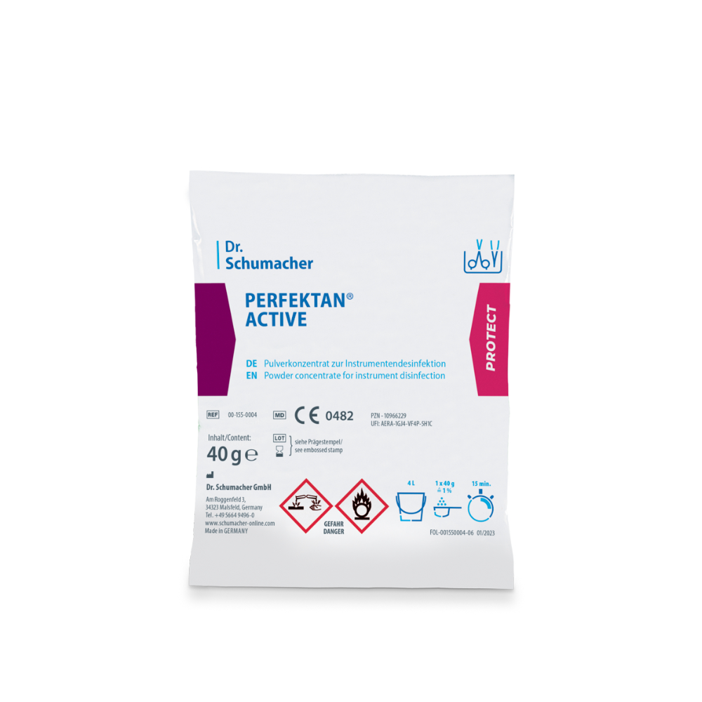 Ceci est une image d'un paquet blanc portant l'inscription « Dr. Schumacher Perfektan® Active Instrumentendesinfektion » de Dr. Schumacher GmbH. L'emballage indique qu'il s'agit d'un concentré en poudre d'acide peracétique pour la désinfection des instruments. Il contient 40 grammes et est muni de symboles de danger, d'instructions d'utilisation et de marques de certification.