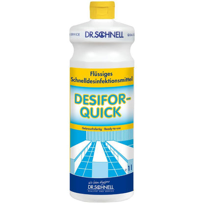 Un litre Dr. Schnell de désinfection de surface DESIFOR-QUICK de DR.SCHNELL GmbH & Co. KGaA, avec un bouchon jaune, une étiquette bleu-jaune et une image de sol carrelé blanc propre - idéal pour les zones sensibles à l'hygiène.
