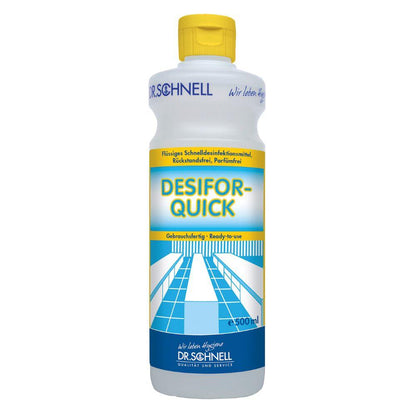 Une bouteille de 500 ml Dr. Schnell de désinfection de surface DESIFOR-QUICK de DR.SCHNELL GmbH & Co. KGaA, prête à l'emploi, avec un bouchon jaune et une étiquette bleu-blanc-jaune - idéale pour les zones sensibles à l'hygiène.