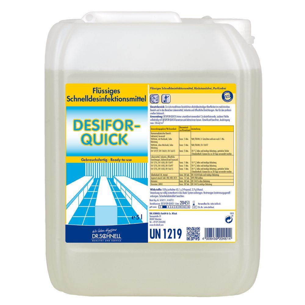 Un conteneur de 5 litres Dr. Schnell de désinfection de surface DESIFOR-QUICK de DR.SCHNELL GmbH & Co. KGaA, avec une étiquette bleu-jaune et des instructions en allemand, idéal pour la désinfection de surface dans des environnements sensibles.