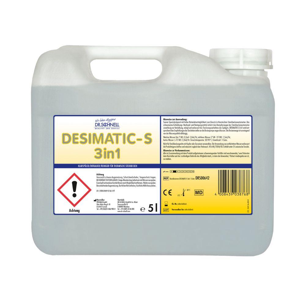 Un bidon en plastique de 5 litres Dr. Schnell DESIMATIC-S 3en1 Rinceur, Nettoyant, Détartrant pour machines de DR.SCHNELL GmbH & Co. KGaA, avec poignée, bouchon à vis, symbole de danger et étiquette d'information produit en allemand pour une utilisation professionnelle.