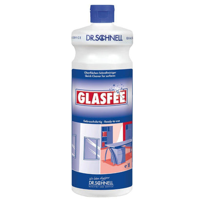 Une bouteille de 1 litre de Dr. Schnell nettoyant pour vitres GlasFee de DR.SCHNELL GmbH & Co. KGaA porte une étiquette bleu-blanc avec un bouchon bleu et montre des surfaces de verre et de bureau propres et sans traces; contient un nettoyant de surface prêt à l'emploi.
