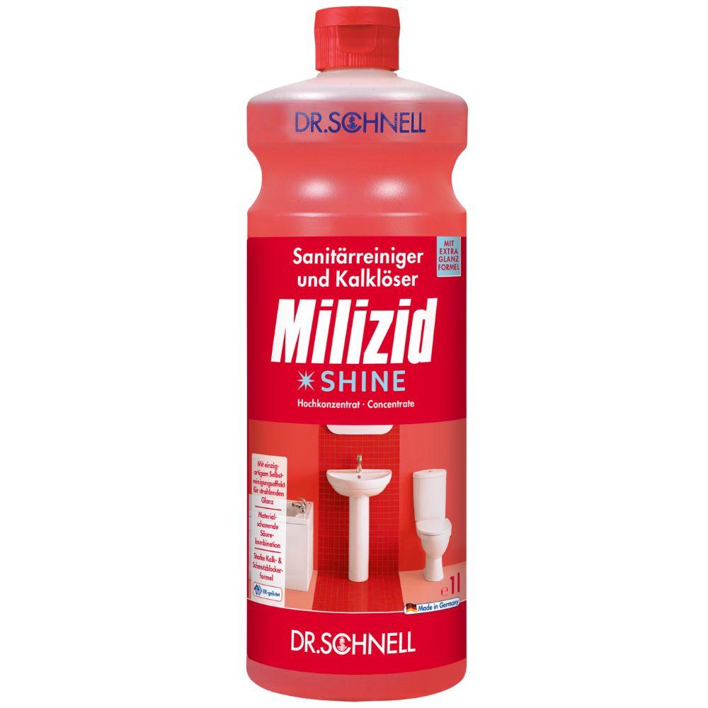 Une bouteille rouge de 1 litre Dr. Schnell de nettoyant sanitaire et détartrant MILIZID SHINE de DR.SCHNELL GmbH & Co. KGaA, un nettoyant pour salle de bain respectueux de l'environnement avec du texte allemand et des images d'un lavabo et d'une toilette sur l'étiquette.