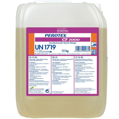 Un conteneur en plastique blanc de 12 kg avec poignée portant l'inscription « Dr. Schnell PEROTEX CF 2000 Nettoyant vaisselle sans chlore » de DR.SCHNELL GmbH & Co. KGaA se distingue par une forte capacité de liaison du calcaire et est muni à l'avant d'informations sur le produit, de sécurité et d'un code-barres.